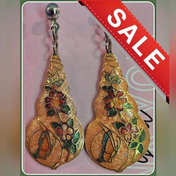 #Vintage #Cloisonne Floral & Butterfly Dangle Drop Pierced Earrings - Picture 1 of 4